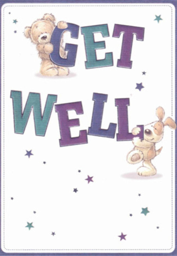 A vibrant celebration of cheer and encouragement, this illustrated get well card is reminiscent of the bright blooms and caring touch found at West Kensington Florist, just off Hammersmith Road. Central to the composition are a playful bear and a delightful puppy, their expressive, gentle faces radiating warmth and affection. Stars painted in dreamy aquas and violets seem to float around their figures, conjuring an aura of optimism and hope as bright as a sunny stroll down Kensington High Street. Large typography, shaded in rich purples and crisp teals, spells out 'Get Well' with the same flourish and confidence as a lush floral arrangement showcased on Olympia's bustling corner. The exceptional detailing in the fur and floppy ears offers a near-tactile sense of softness, inviting the recipient to imagine the comforting embrace of a favourite pet or the familiarity of a local florist's care. Altogether, this card's fresh, airy aesthetic and heartfelt design create a perfect remedy for lifting spirits and nurturing bonds throughout West Kensington.